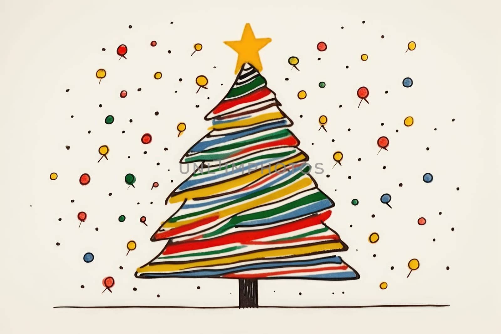 Creative art Christmas tree hand drawing style, for greeting card merry christmas and happy new year, naive children kid art for nursery or elementary school comeliness