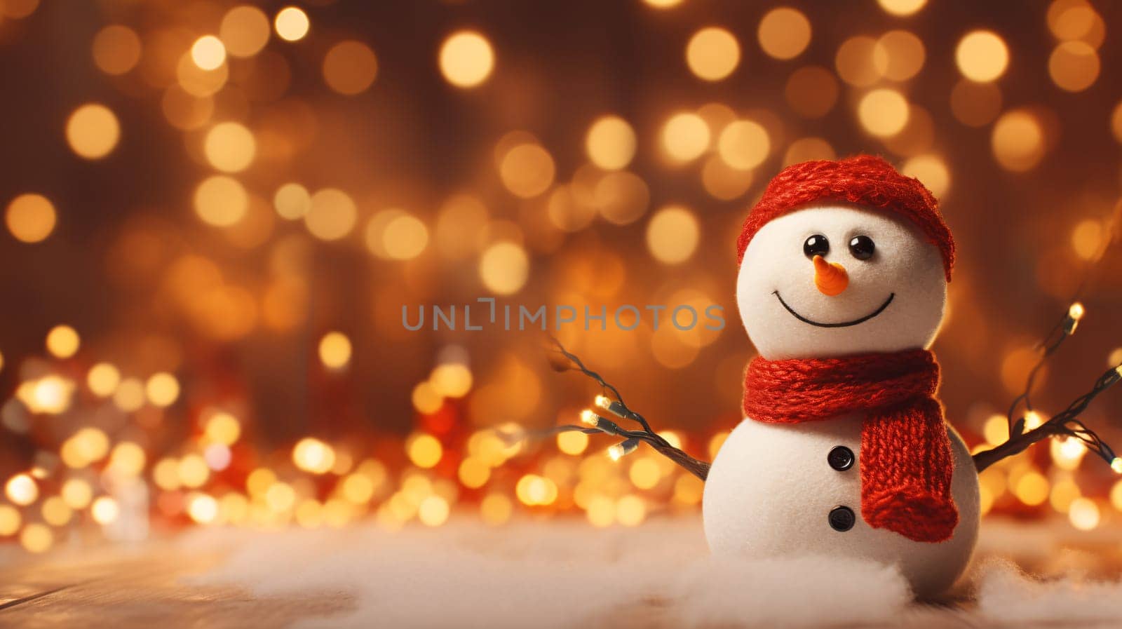 A snowman with a red hat and scarf on bokek background - Christmas spirit concept - generative AI