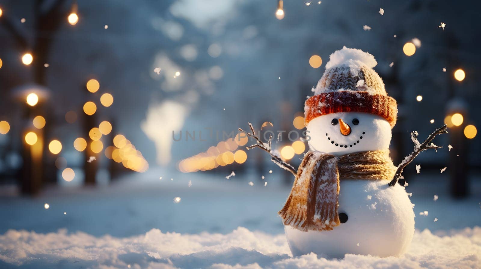 An happy snowman in a winter landscape - Christmas related image - generative AI