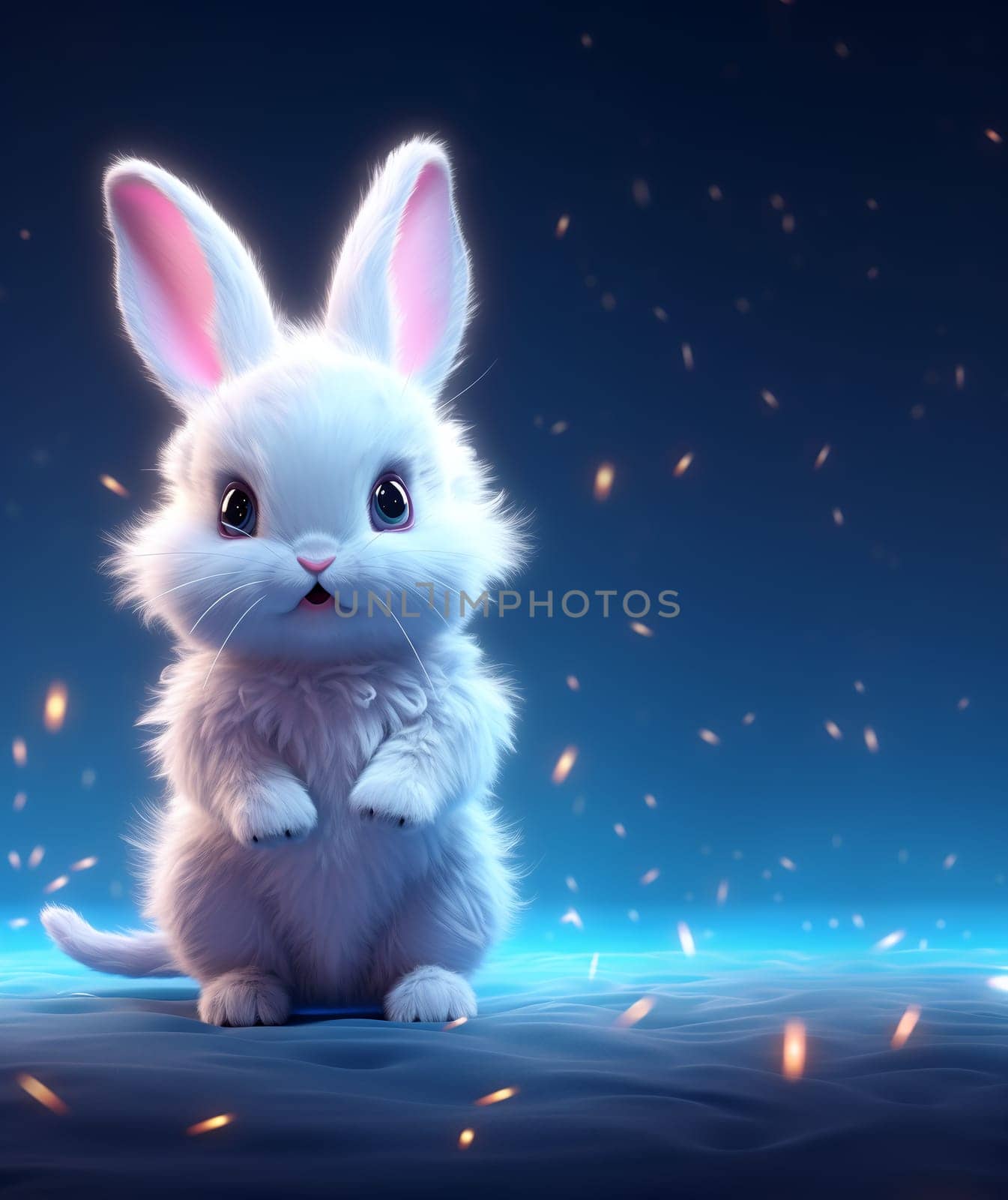 A white rabbit sitting on top of a blue surface with glowing lights - generative AI
