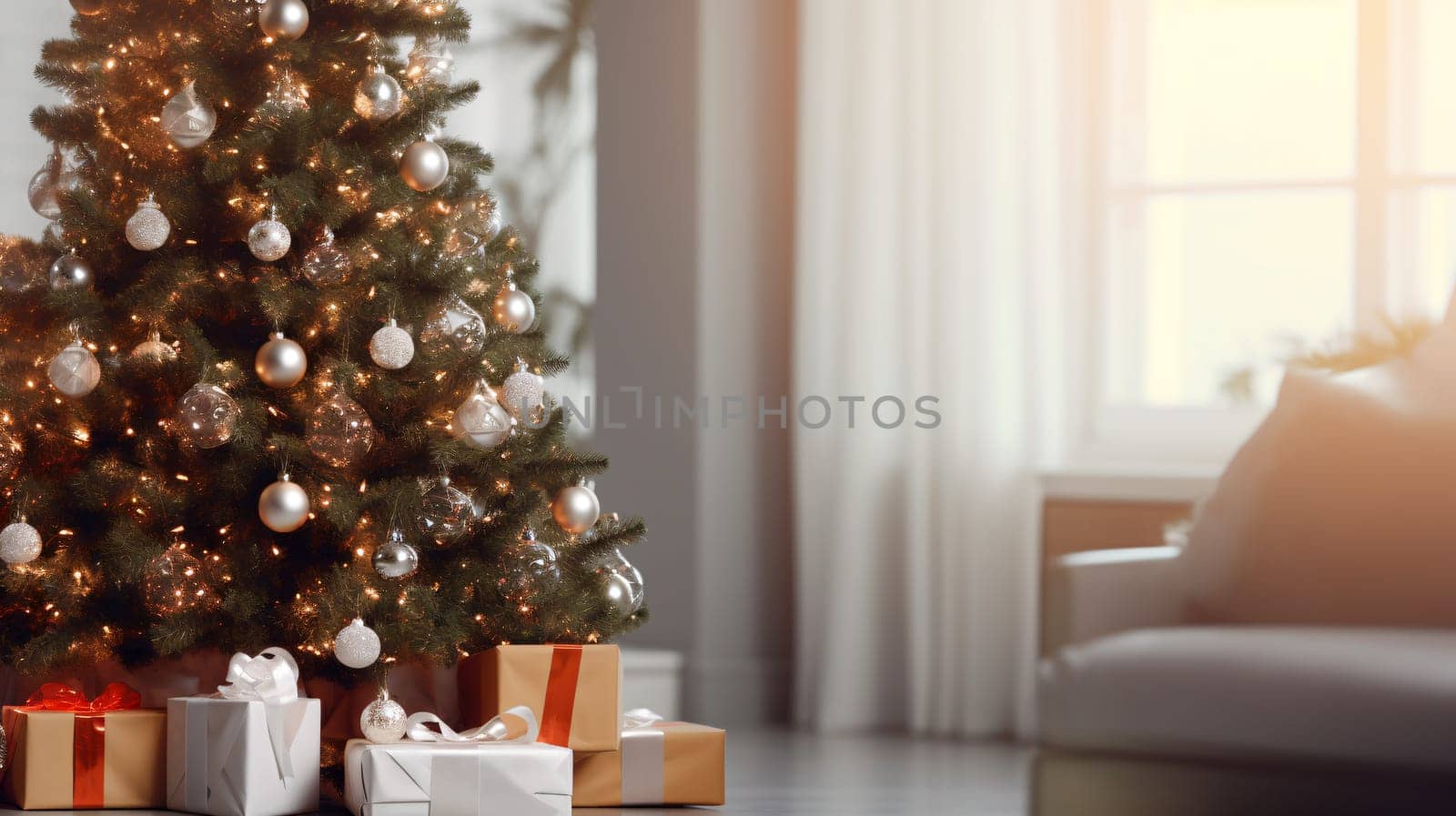 A sparkling tree stands tall, adorned with twinkling lights and shimmering ornaments, creating a warm and festive atmosphere indoors as presents await to be unwrapped on christmas morning - generative AI
