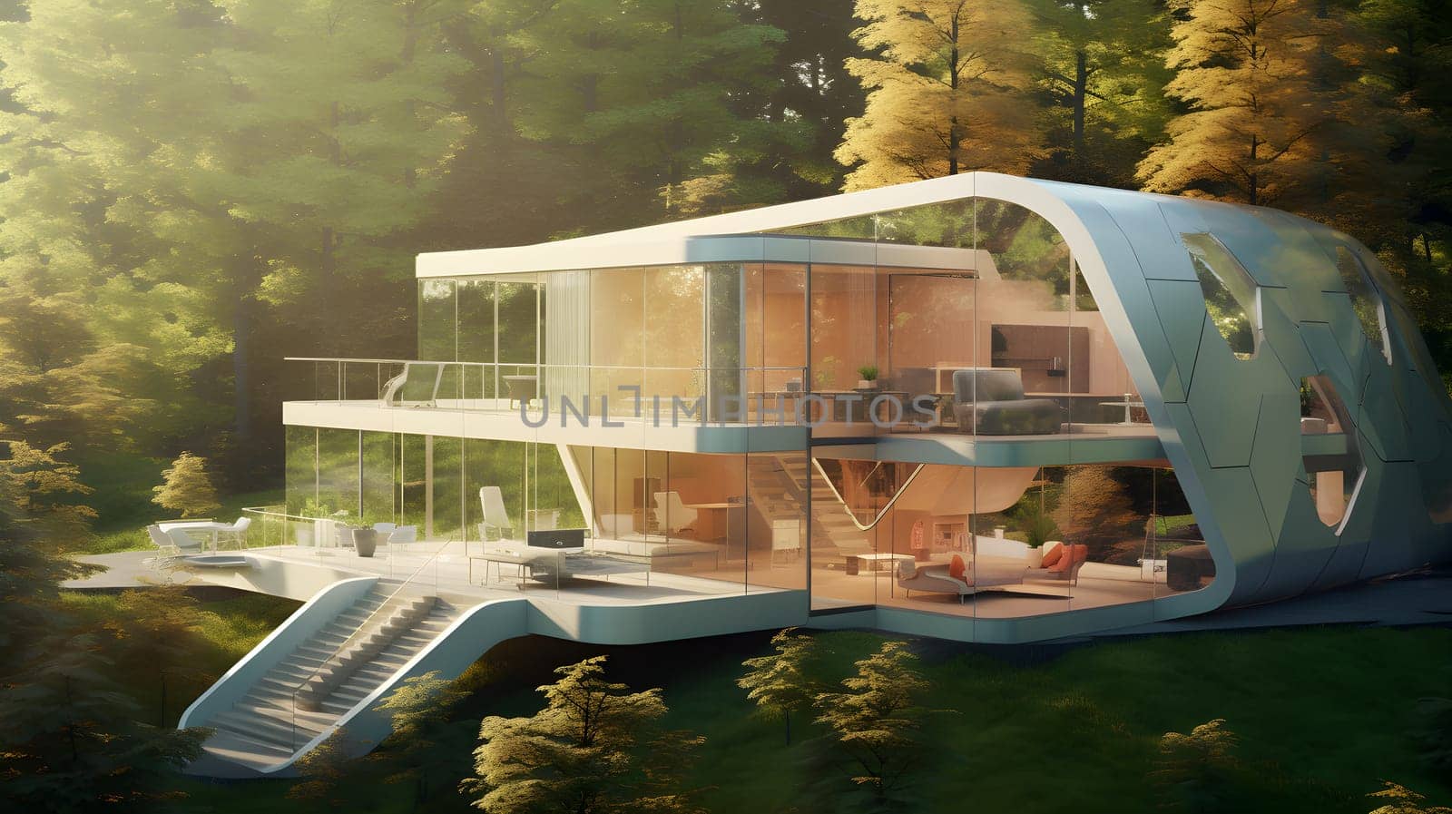 A modern house oasis, where nature and architecture intertwine through the sparkling glass walls and outdoor deck