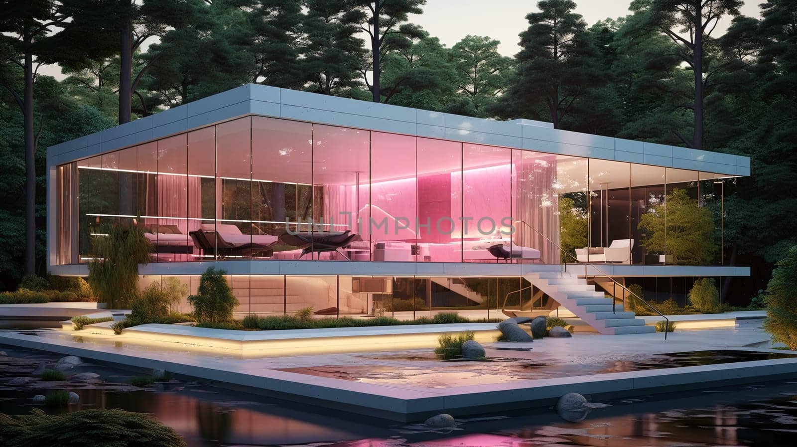 A modern house oasis, where nature and architecture intertwine through the sparkling glass walls and outdoor deck