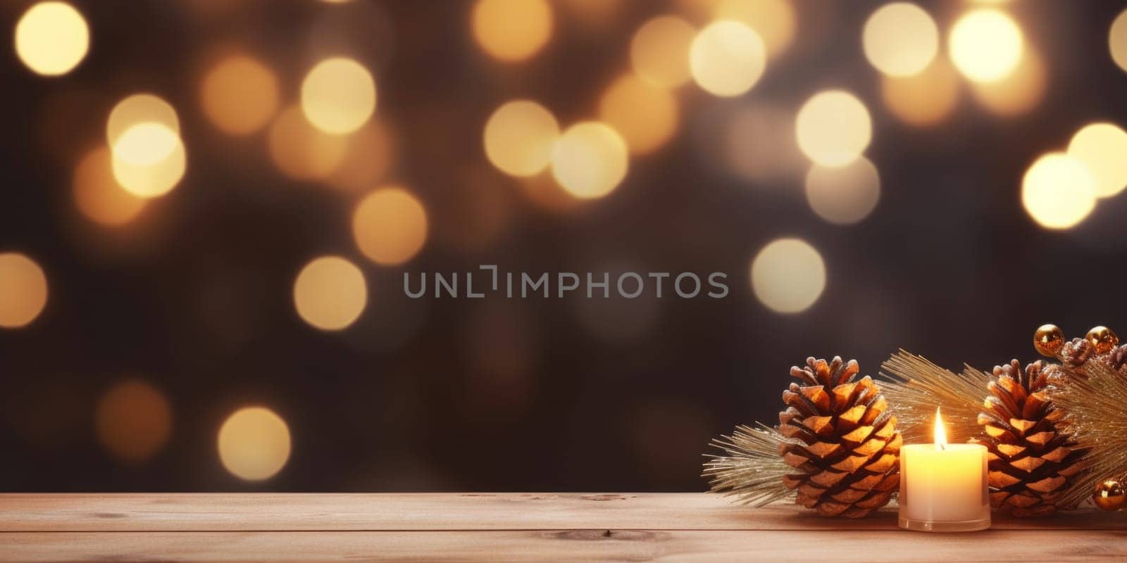 Merry Christmas and Happy New Year background with empty wooden table over Christmas tree and blurred light bokeh. Empty display for product placement. Rustic vintage Xmas 2024 background. comeliness