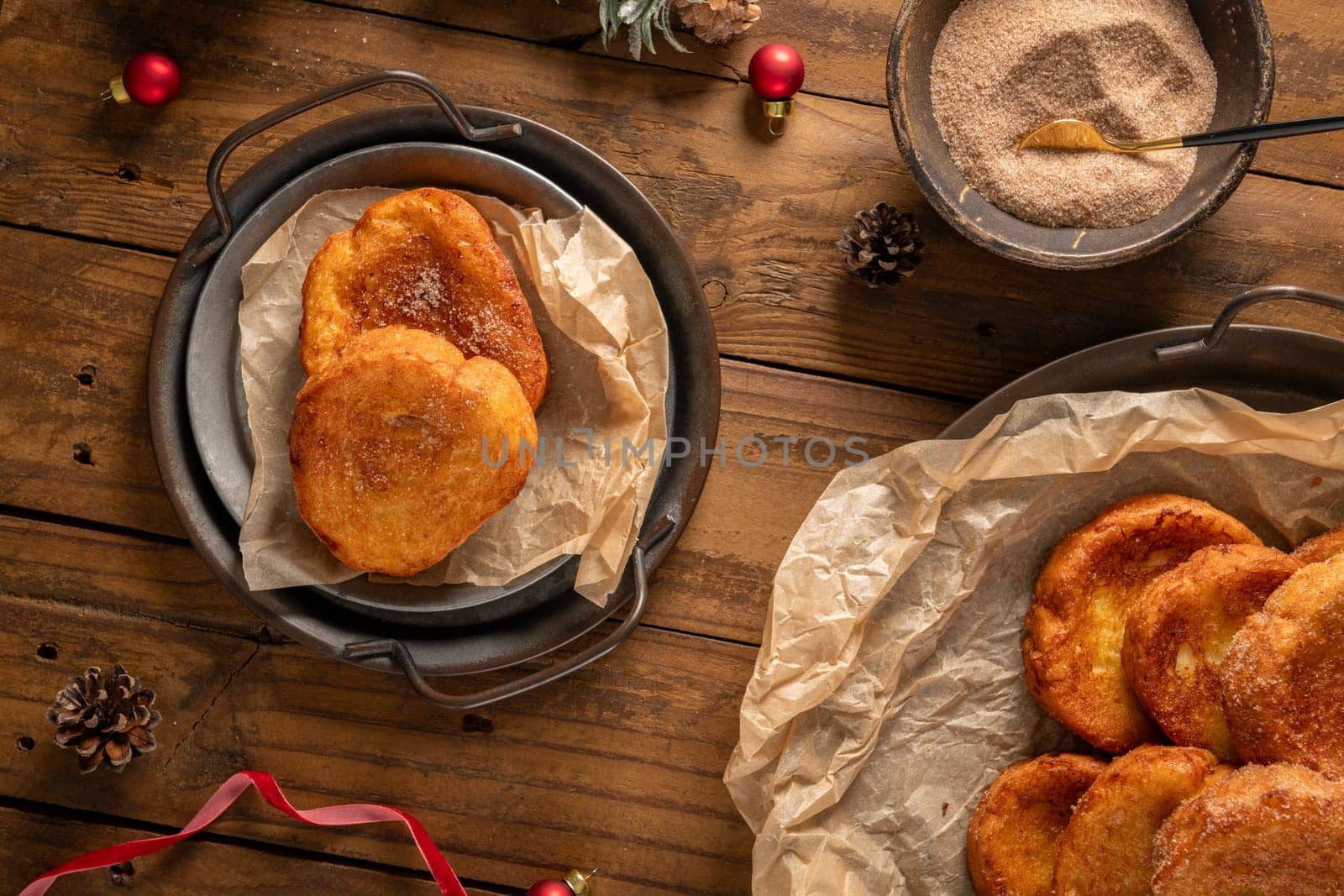 Traditional Portuguese Christmas Rabanadas. Spanish Torrijas on kitchen countertop.