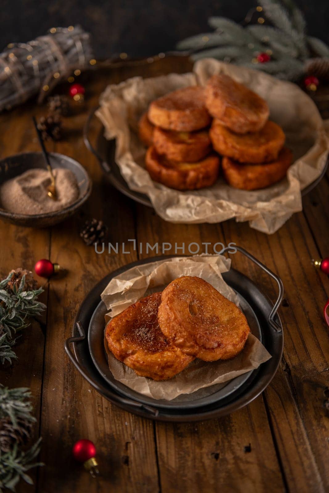 Traditional Portuguese Christmas Rabanadas. Spanish Torrijas on kitchen countertop.