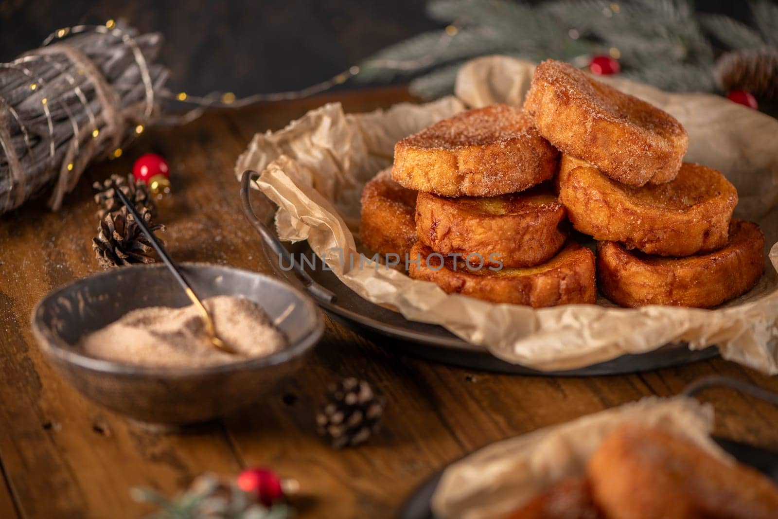 Traditional Portuguese Christmas Rabanadas. Spanish Torrijas on kitchen countertop.