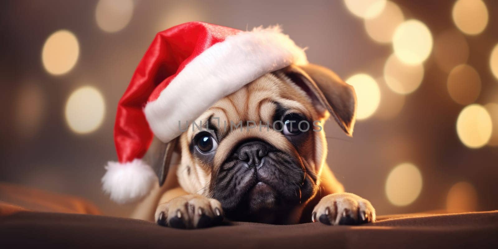 Adorable dog wearing Santa hats at room decorated for Christmas comeliness