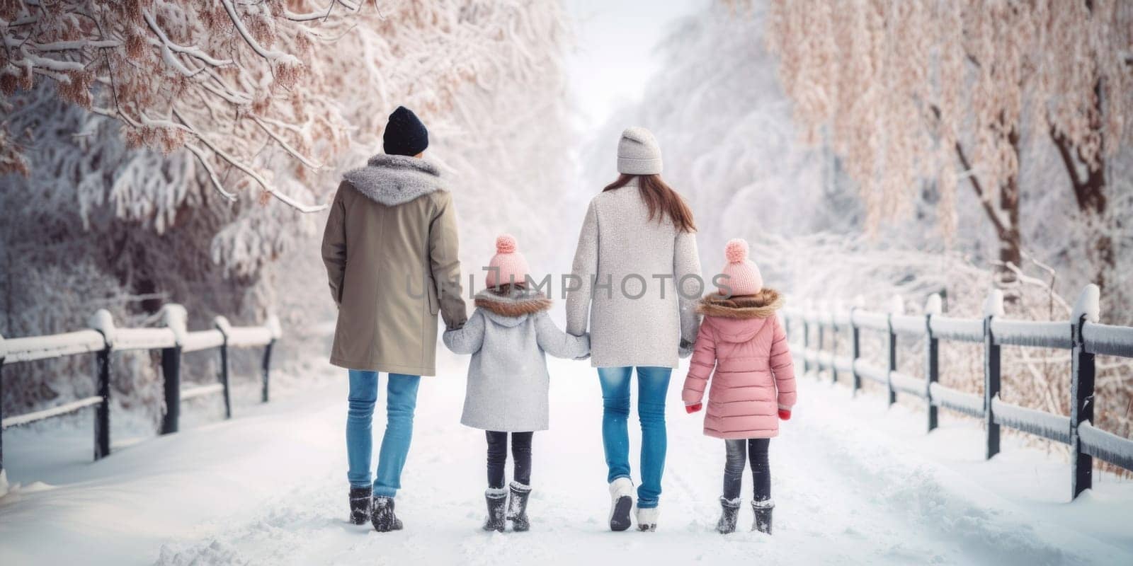 Happy family Father, mother and children are having fun and playing on snowy winter walk in nature. comeliness