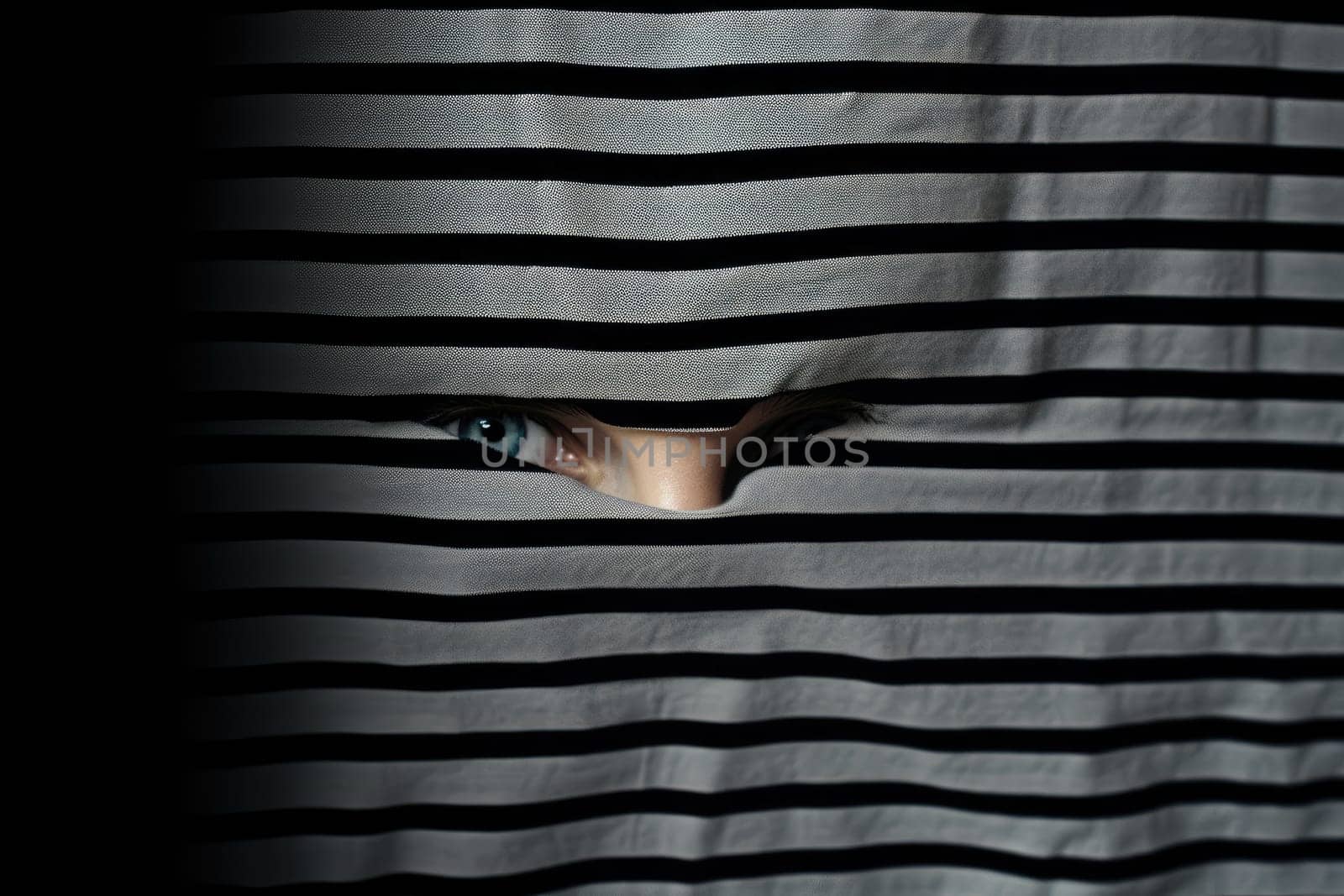 Scary eye peek out of strip lines abstract concept of unhappy vision minimal comeliness