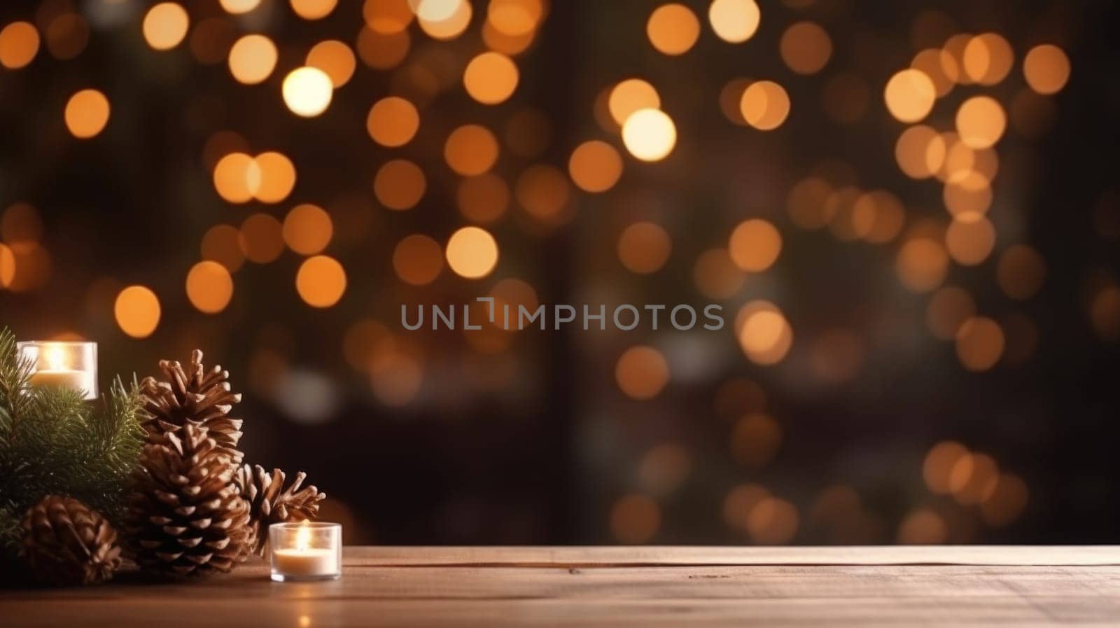 Merry Christmas and Happy New Year background with empty wooden table over Christmas tree and blurred light bokeh. Empty display for product placement. Rustic vintage Xmas 2024 background. comeliness