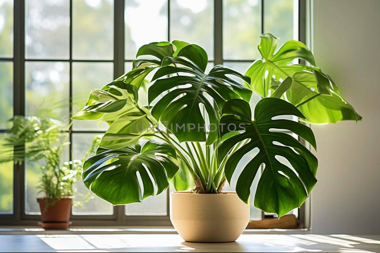 Monstera with large leaves in a pot against the background of a window. House plants. High quality photo