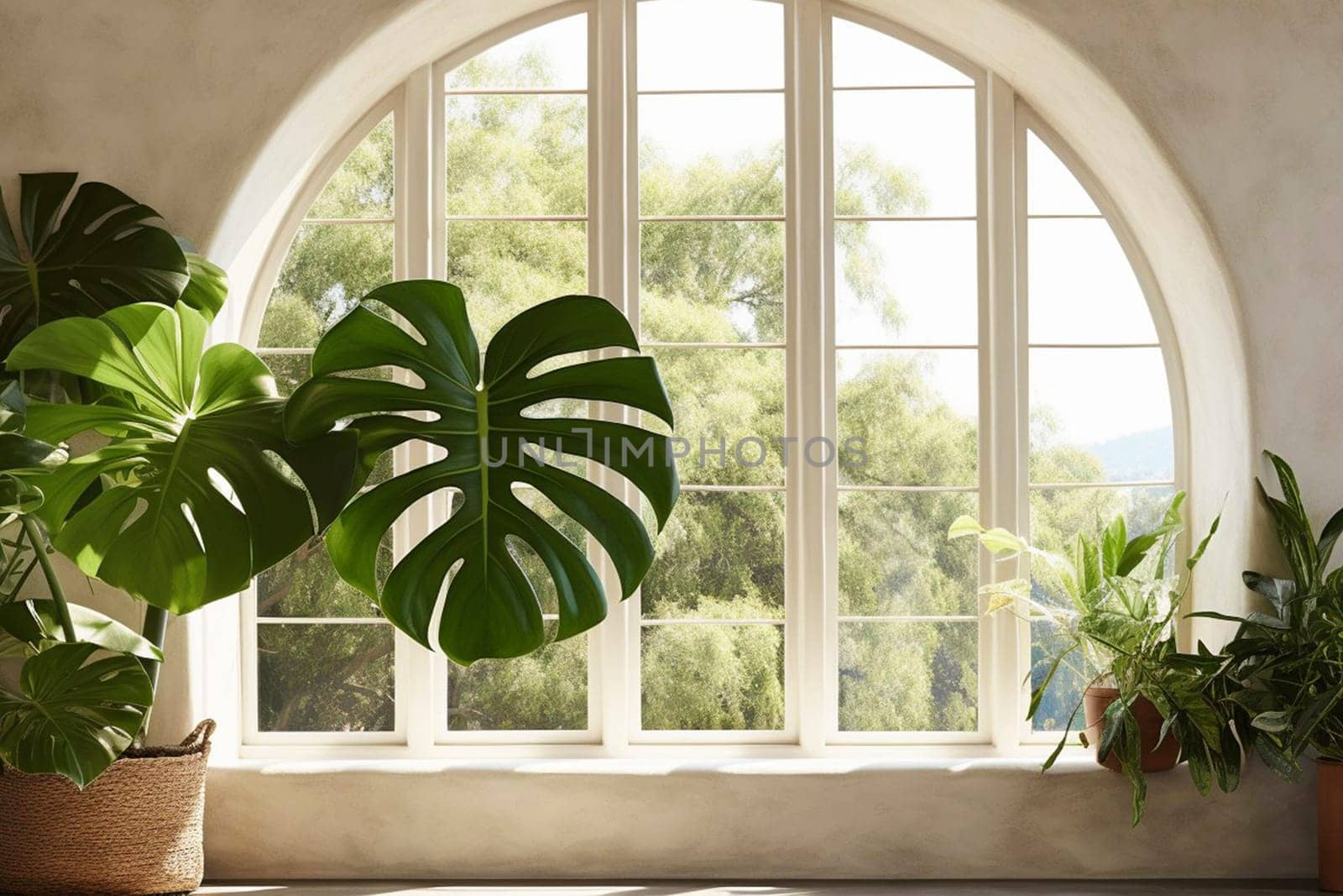 Monstera with large leaves in a pot against the background of a window. House plants. High quality photo