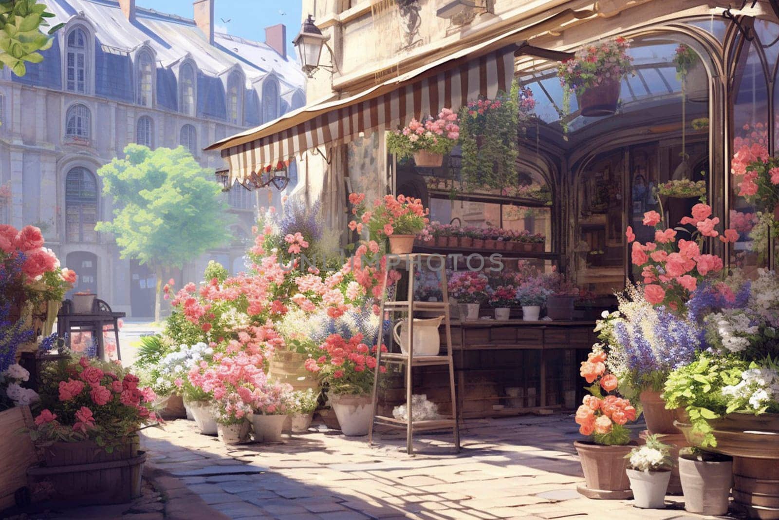 Flower shop on the ground floor of a two-story building. High quality illustration