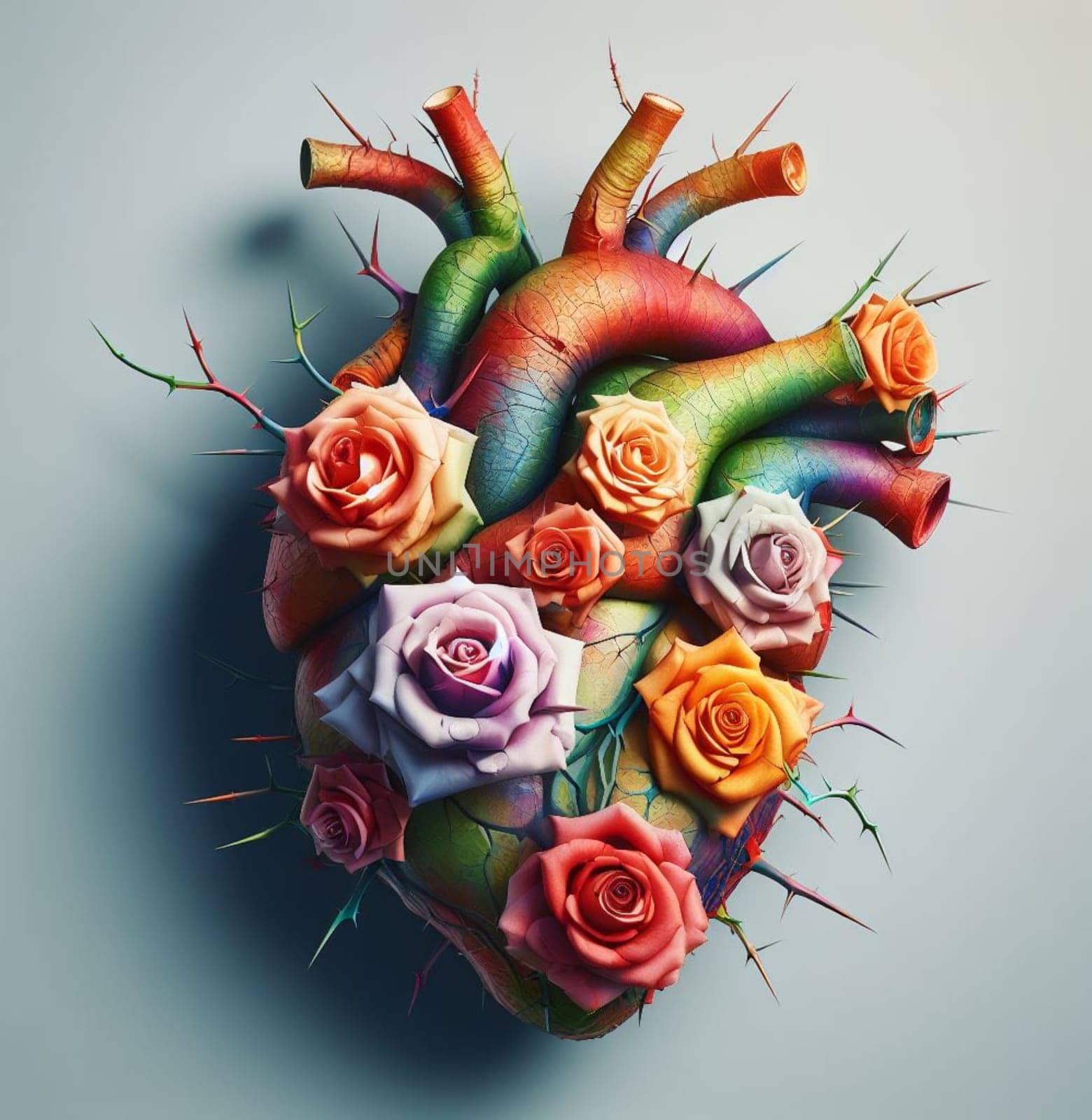 heart themed illustration shaped with flowers branches thorns ai generated