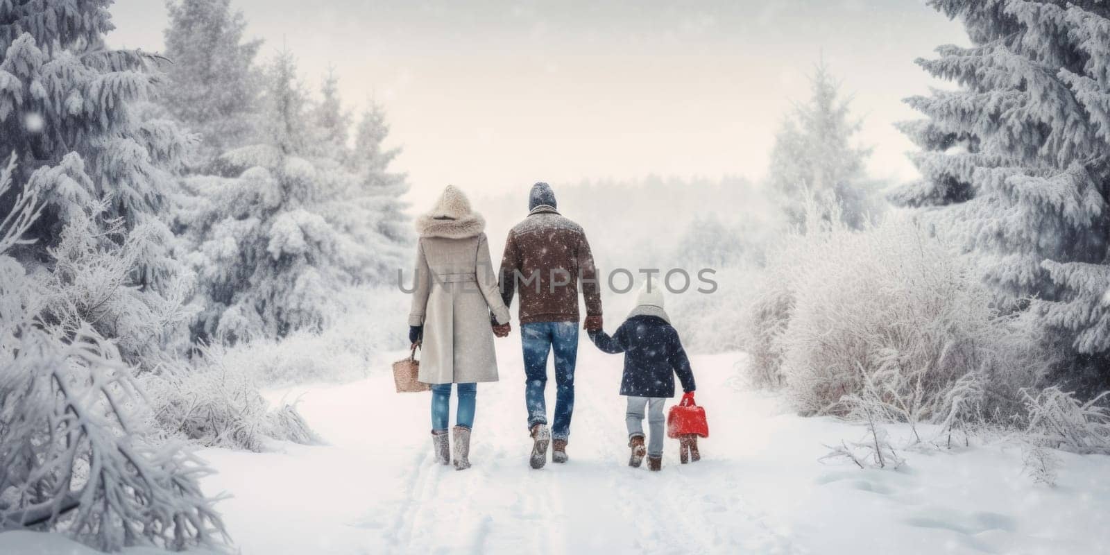 Happy family Father, mother and children are having fun and playing on snowy winter walk in nature. comeliness