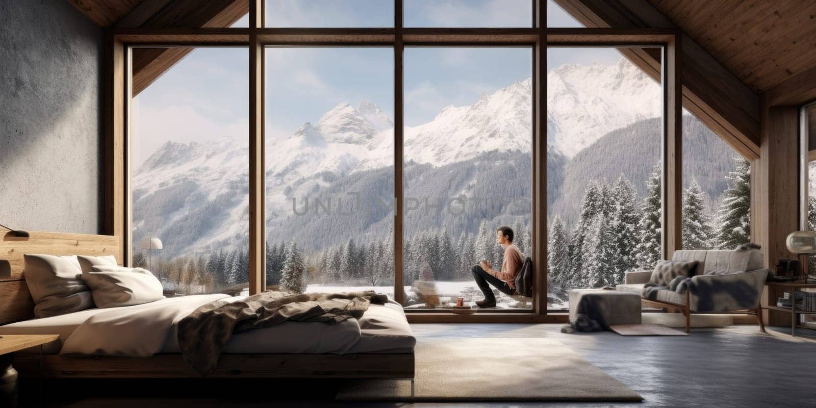 Traveler enjoying weekends inside contemporary barn house in the mountains. Happy tourist looking through panoramic windows in new cottage. comeliness