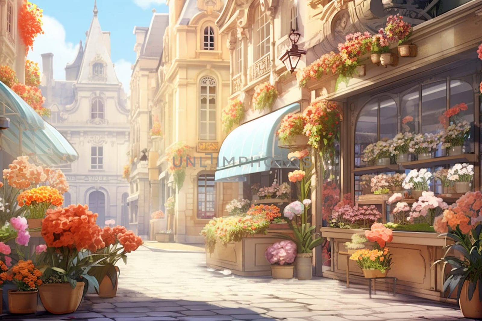 Flower shop on the ground floor of a two-story building. High quality illustration