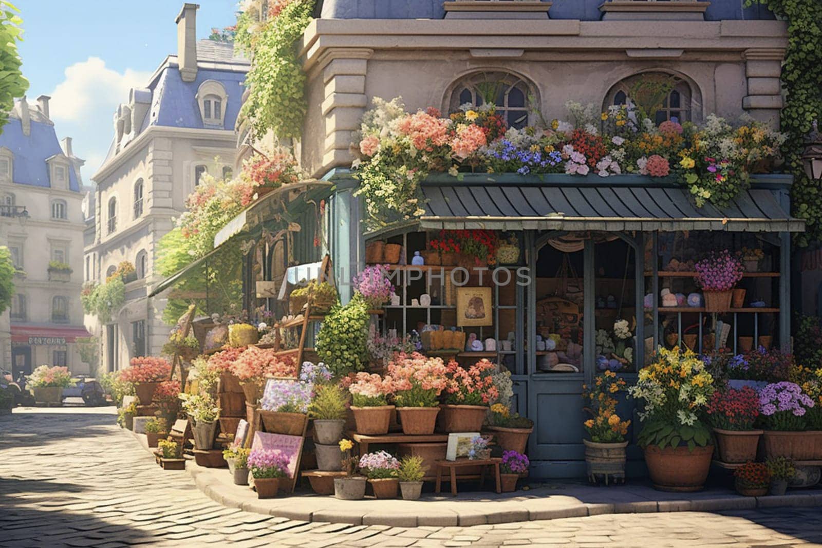 Flower shop on the ground floor of a two-story building. High quality illustration