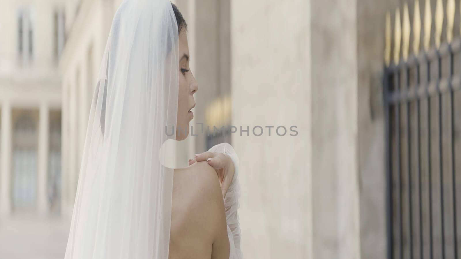 Beautiful female model in a transparent veil. Action. A young woman with bare shoulders and a veil made of mesh posing in the fresh air. by Mediawhalestock