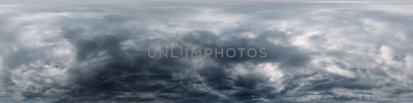 Dramatic overcast sky panorama with dark gloomy Cumulonimbus clouds. HDR 360 seamless spherical panorama. Sky dome in 3D, sky replacement for aerial drone panoramas. Weather and climate change concept by Matiunina