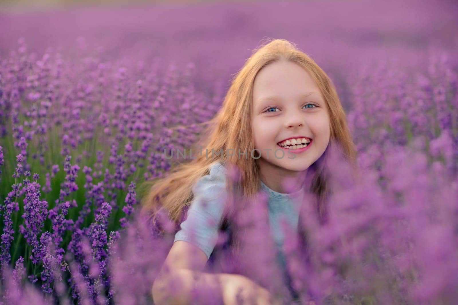 Girl lavender sunset. Girl in blue dress with flowing hair walk on the lavender field. by Matiunina