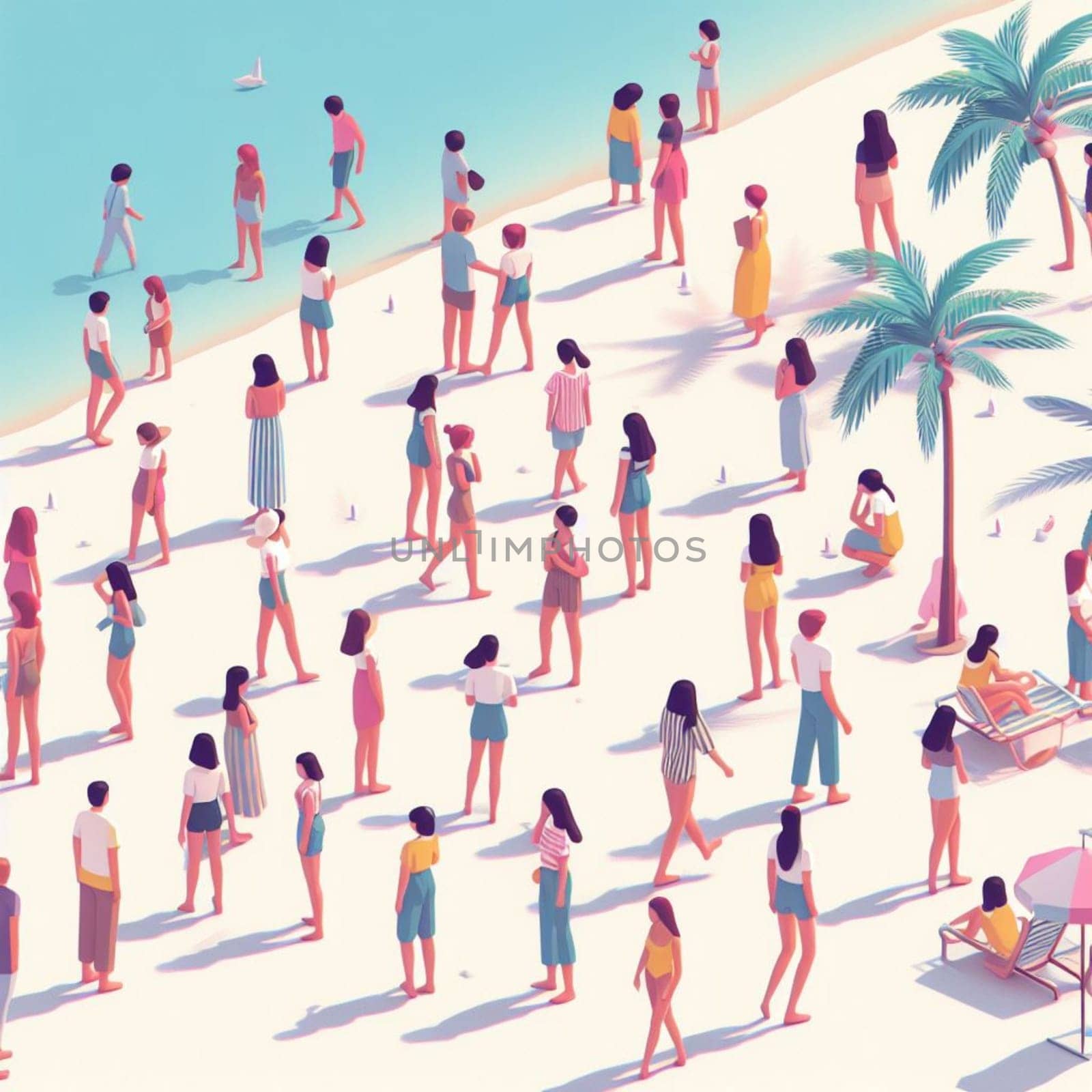 people having fun in the beach, isometric view, sea waves, 3d illustration by verbano