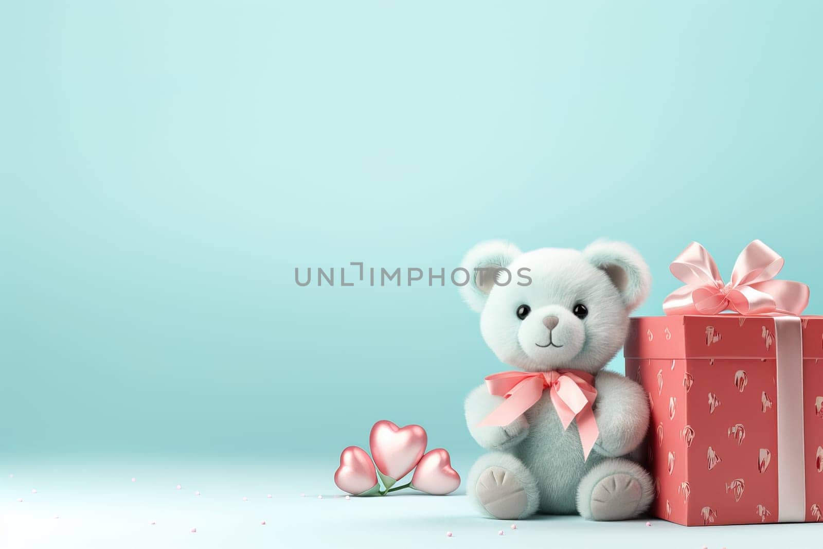 Valentine's Day blank space with cute bear gift boxes, roses, red heart, background generative ai