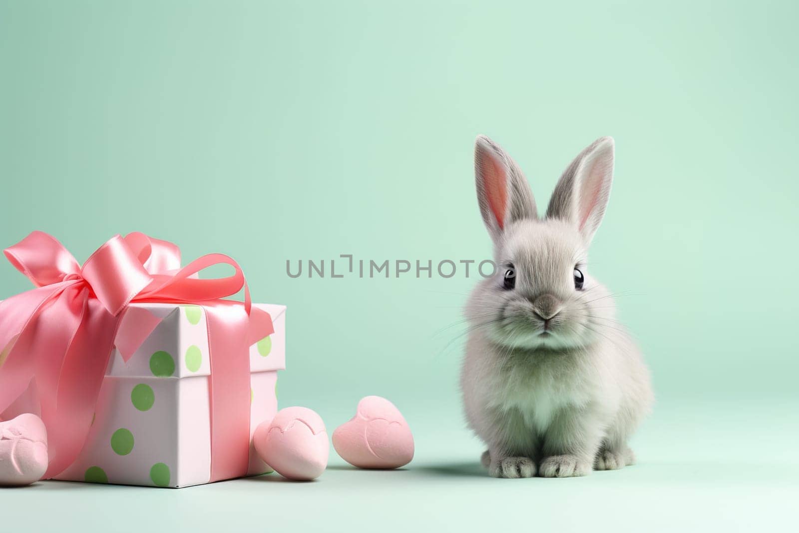 Valentine's Day blank space with cute rabbit gift boxes, roses, red heart, background generative ai