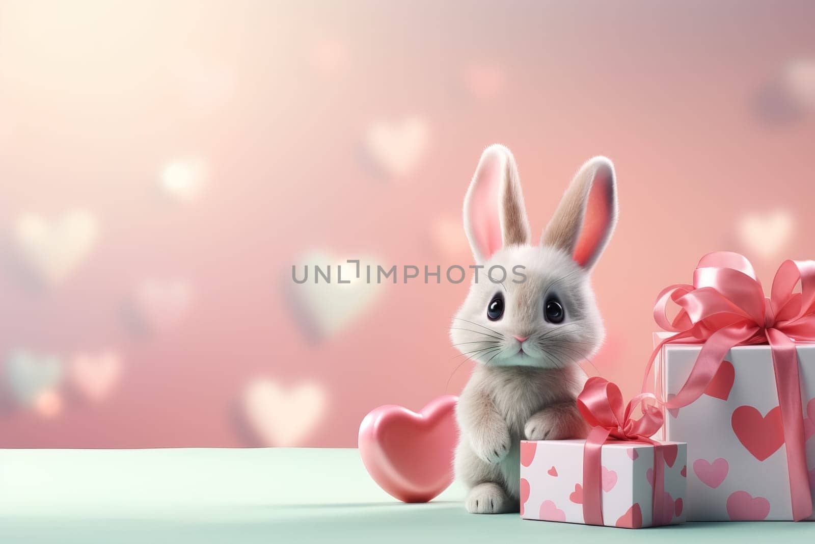 Valentine's Day blank space with cute rabbit gift boxes, roses, red heart, background generative ai