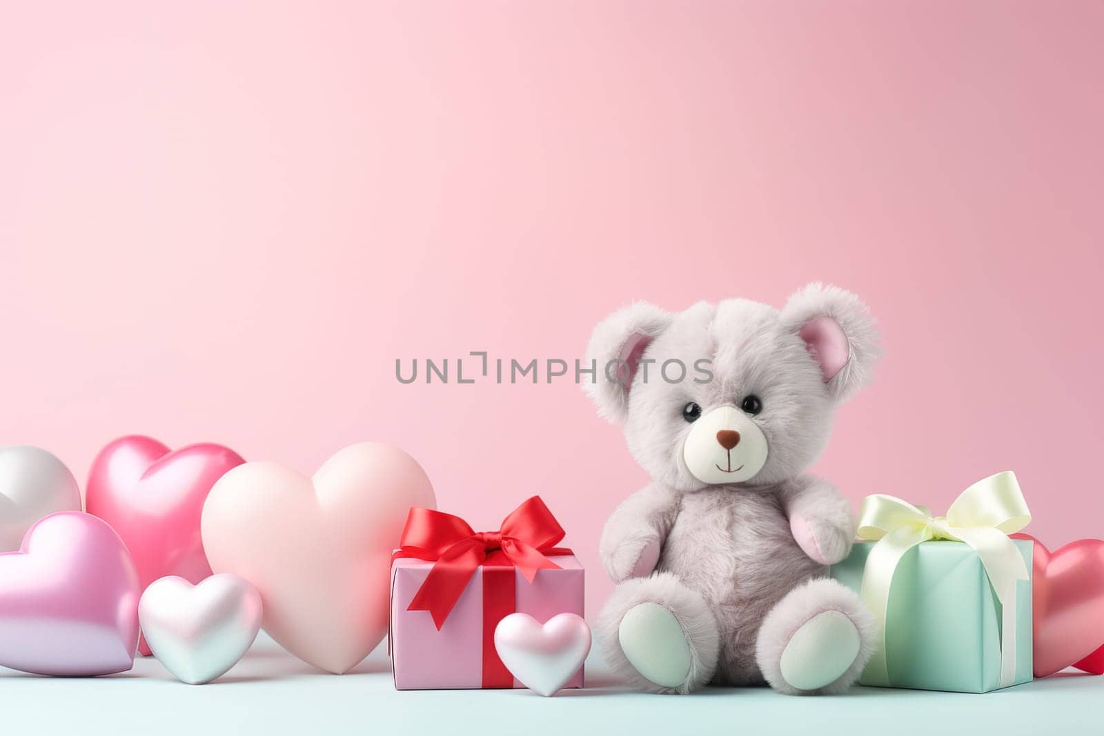 Valentine's Day blank space with cute bear gift boxes, roses, red heart, background generative ai. by Manastrong