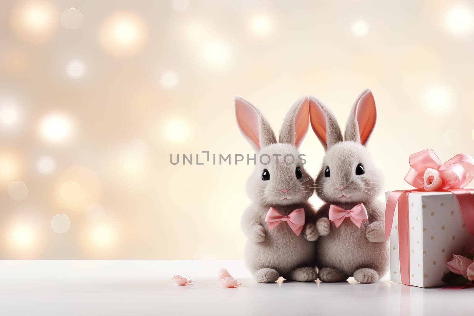 Valentine's Day blank space with cute rabbit gift boxes, roses, red heart, background generative ai