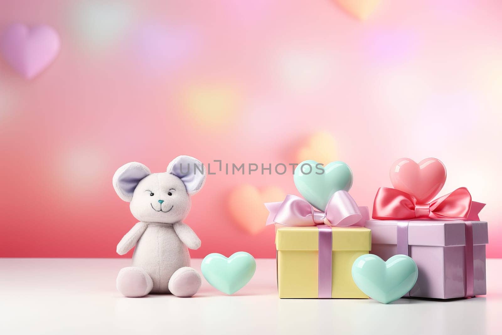 Valentine's Day blank space with cute bear gift boxes, roses, red heart, background generative ai. by Manastrong