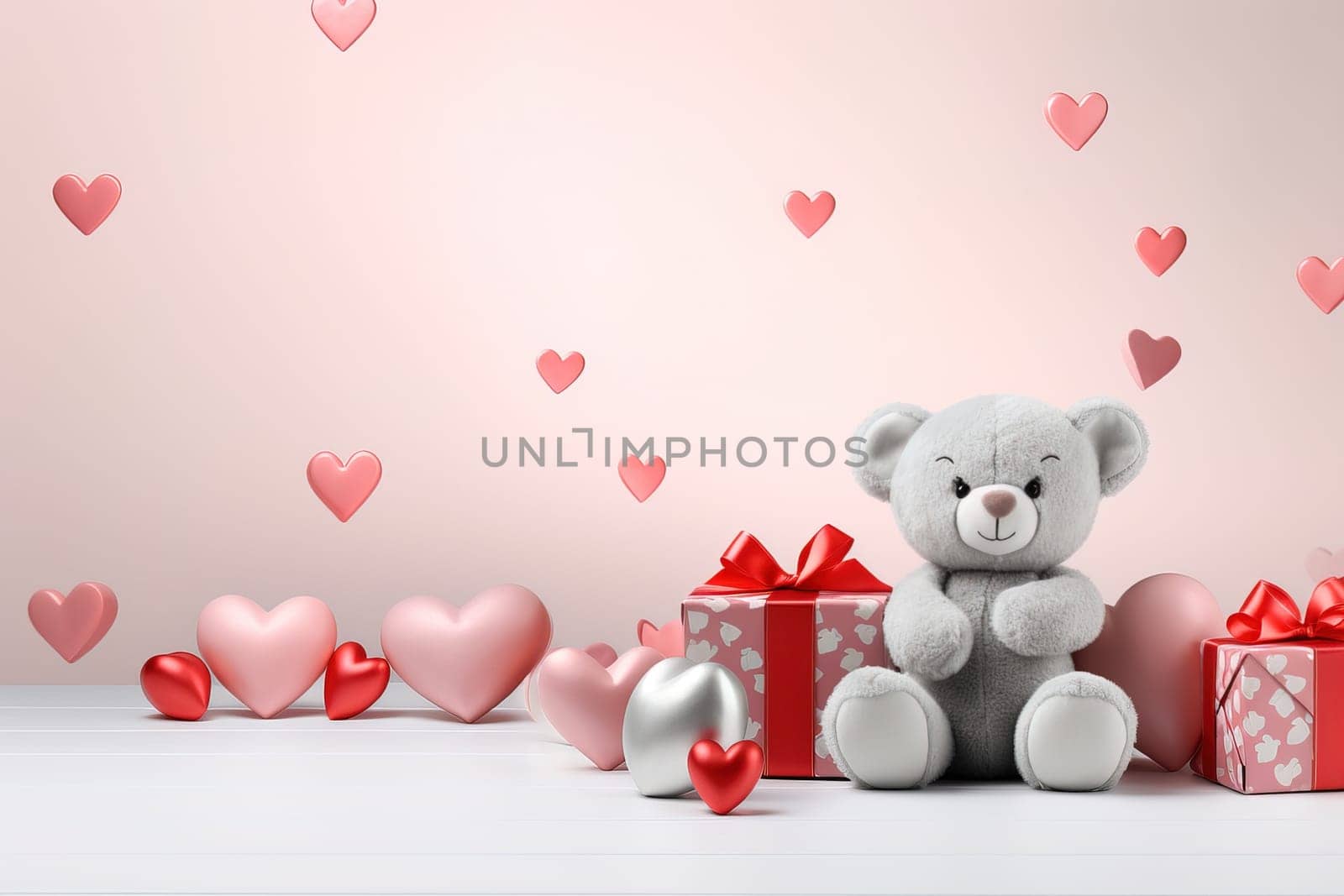 Valentine's Day blank space with cute bear gift boxes, roses, red heart, background generative ai. by Manastrong