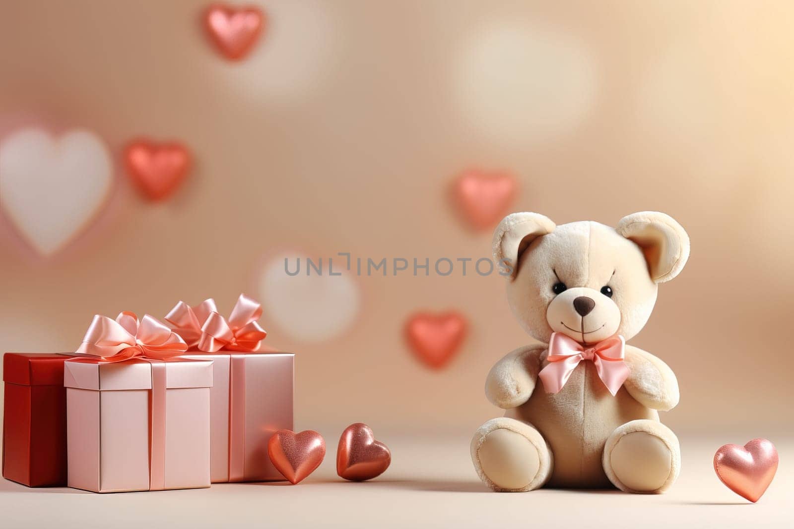 Valentine's Day blank space with cute bear gift boxes, roses, red heart, background generative ai