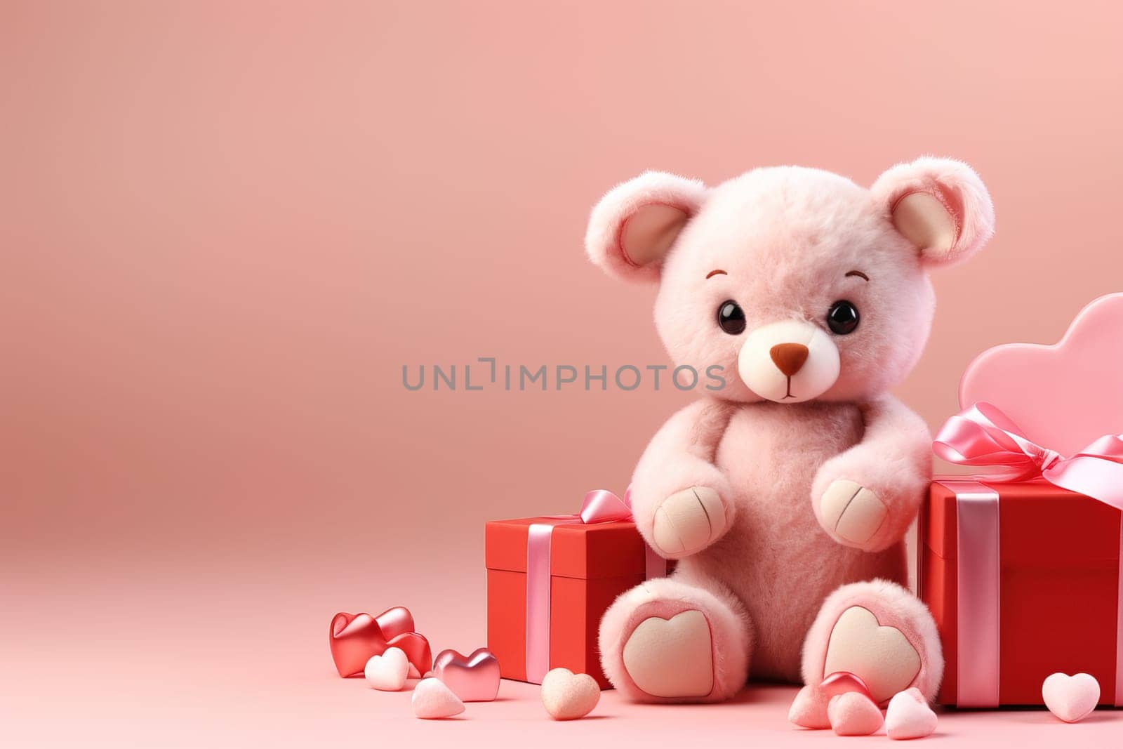 Valentine's Day blank space with cute bear gift boxes, roses, red heart, background generative ai