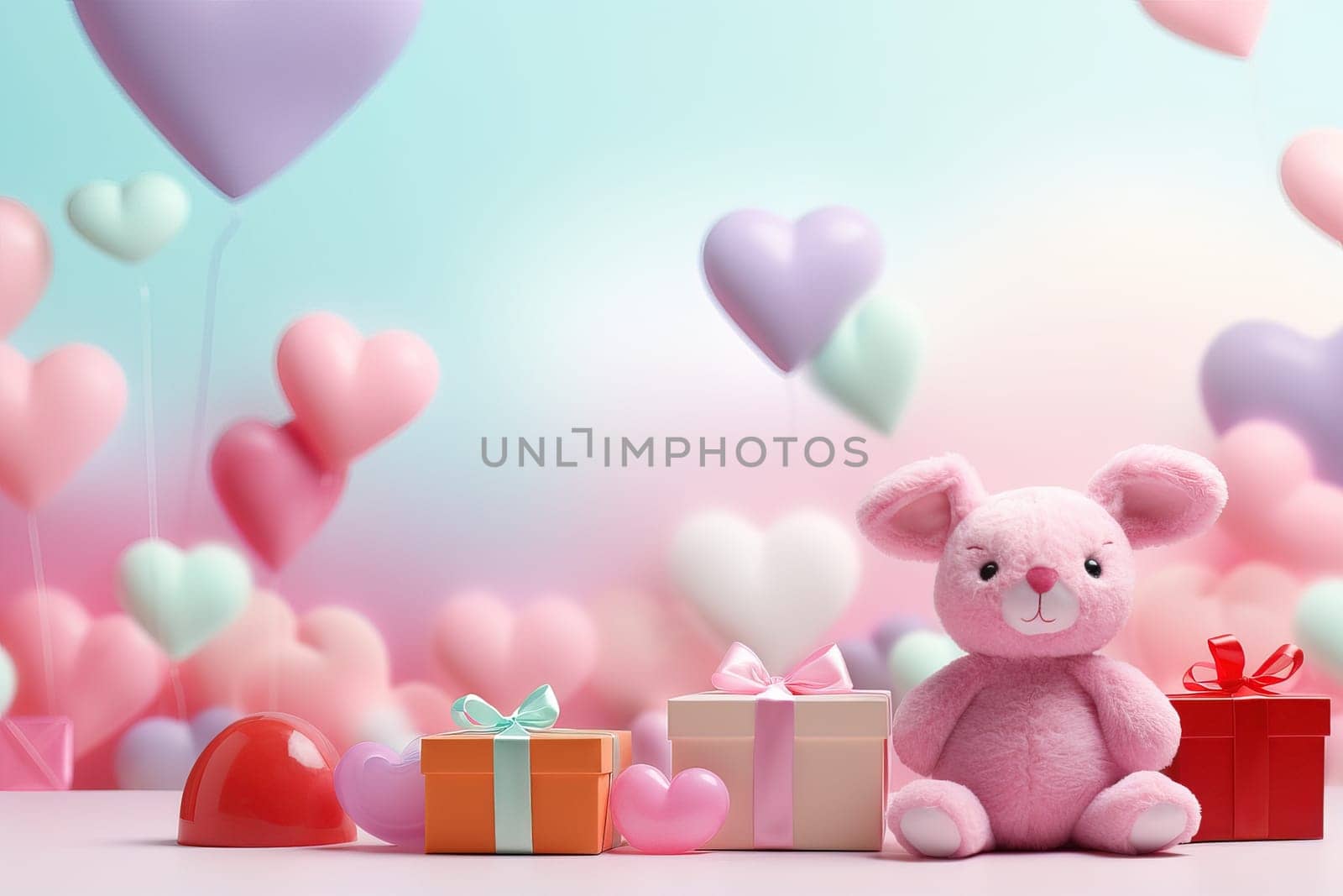 Valentine's Day blank space with cute bear gift boxes, roses, red heart, background generative ai. by Manastrong