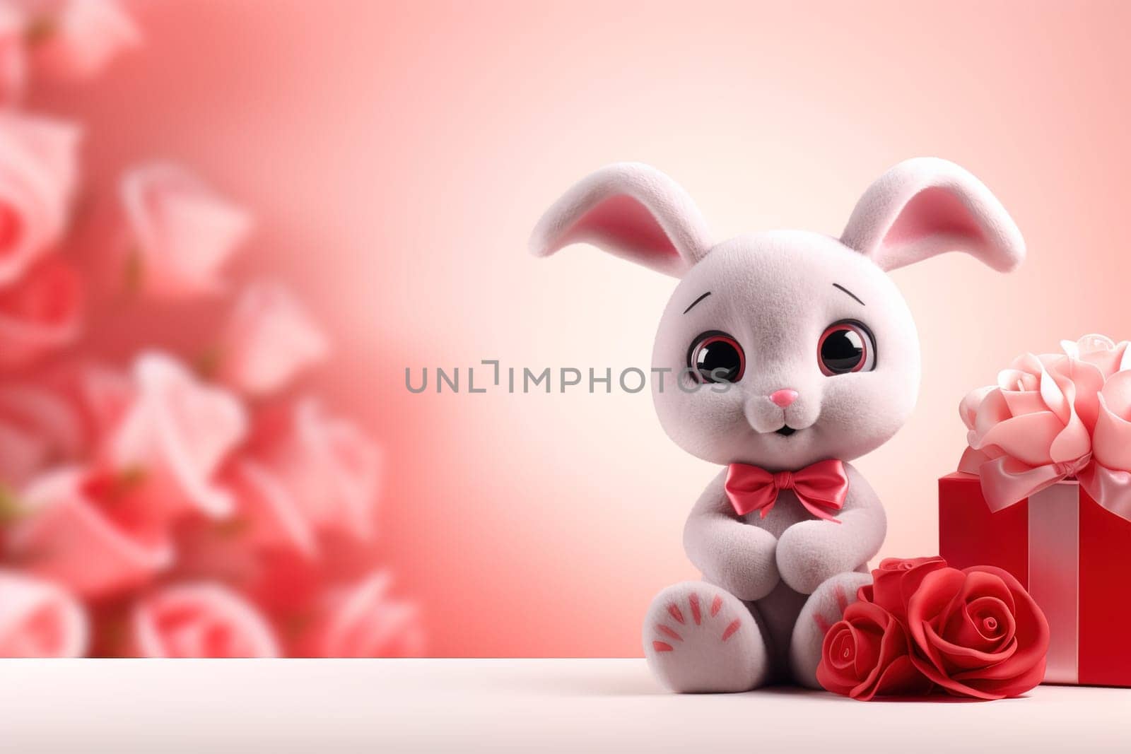 Valentine's Day blank space with cute rabbit gift boxes, roses, red heart, background generative ai