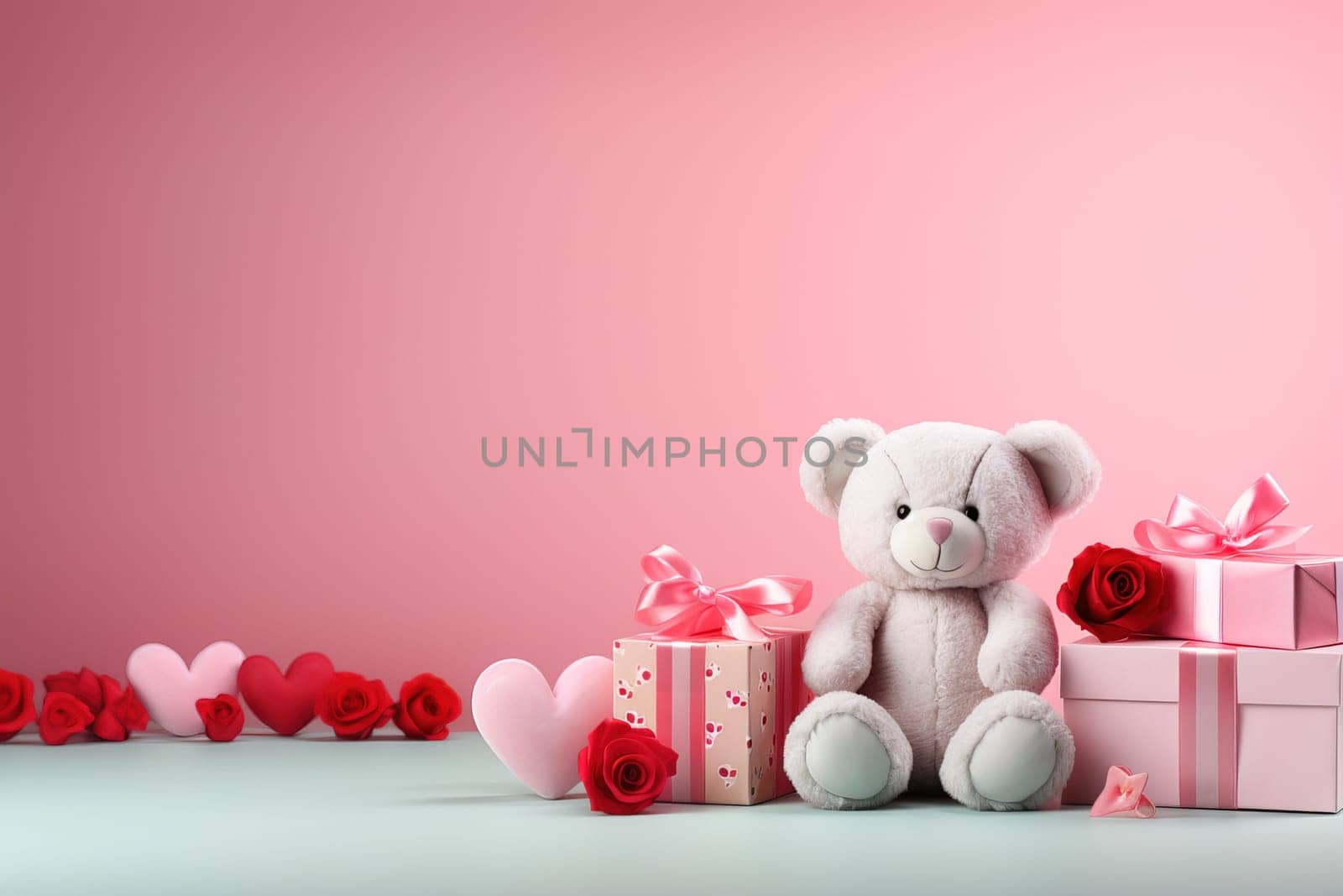 Valentine's Day blank space with cute bear gift boxes, roses, red heart, background generative ai. by Manastrong