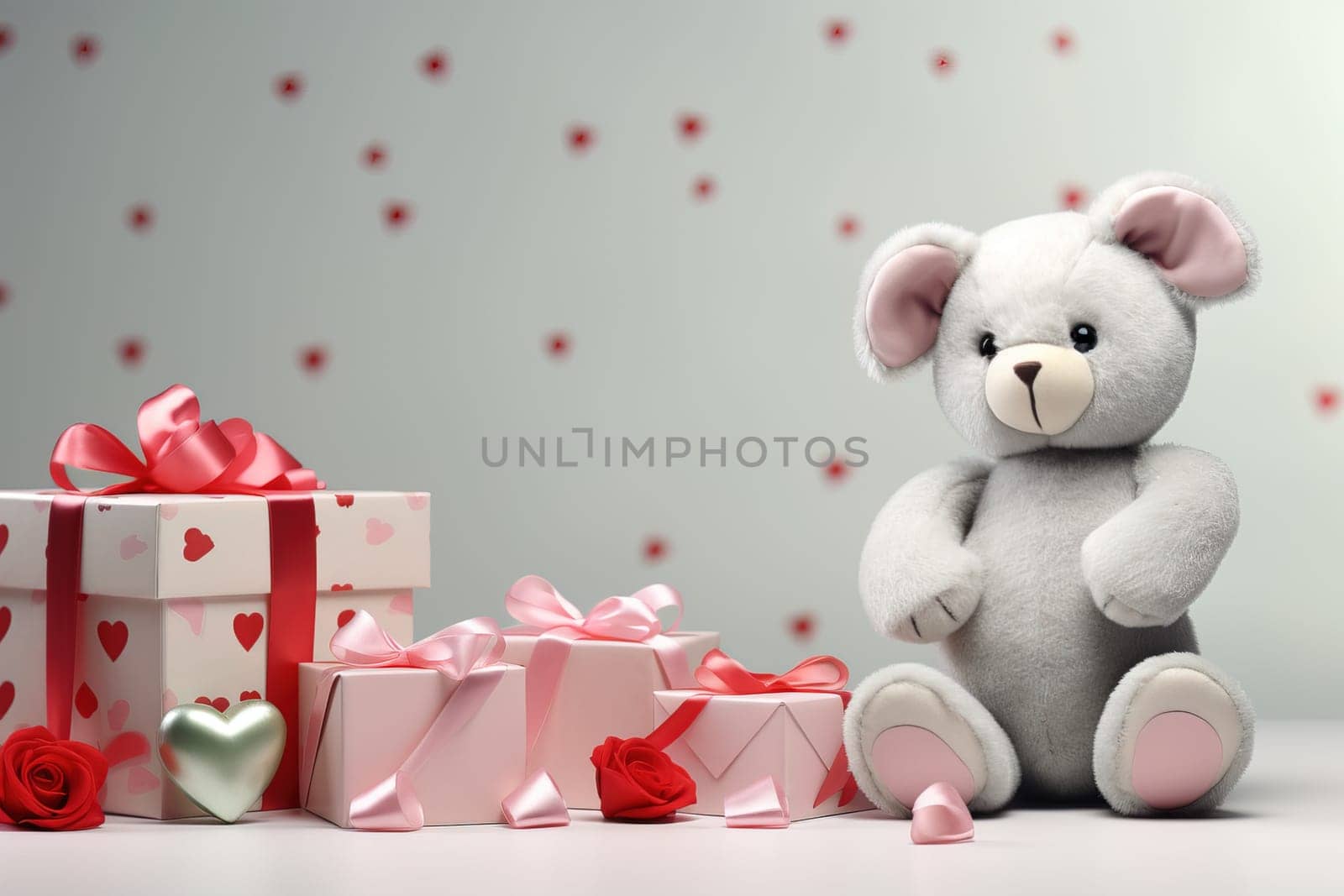 Valentine's Day blank space with cute bear gift boxes, roses, red heart, background generative ai. by Manastrong