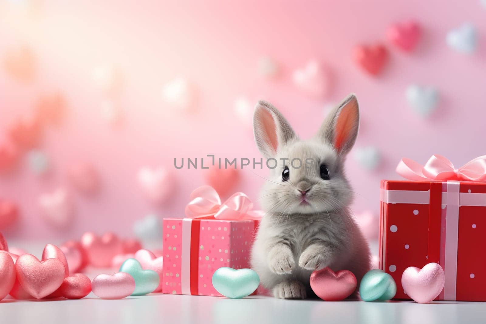 Valentine's Day blank space with cute dragon gift boxes, roses, red heart, background generative ai. by Manastrong