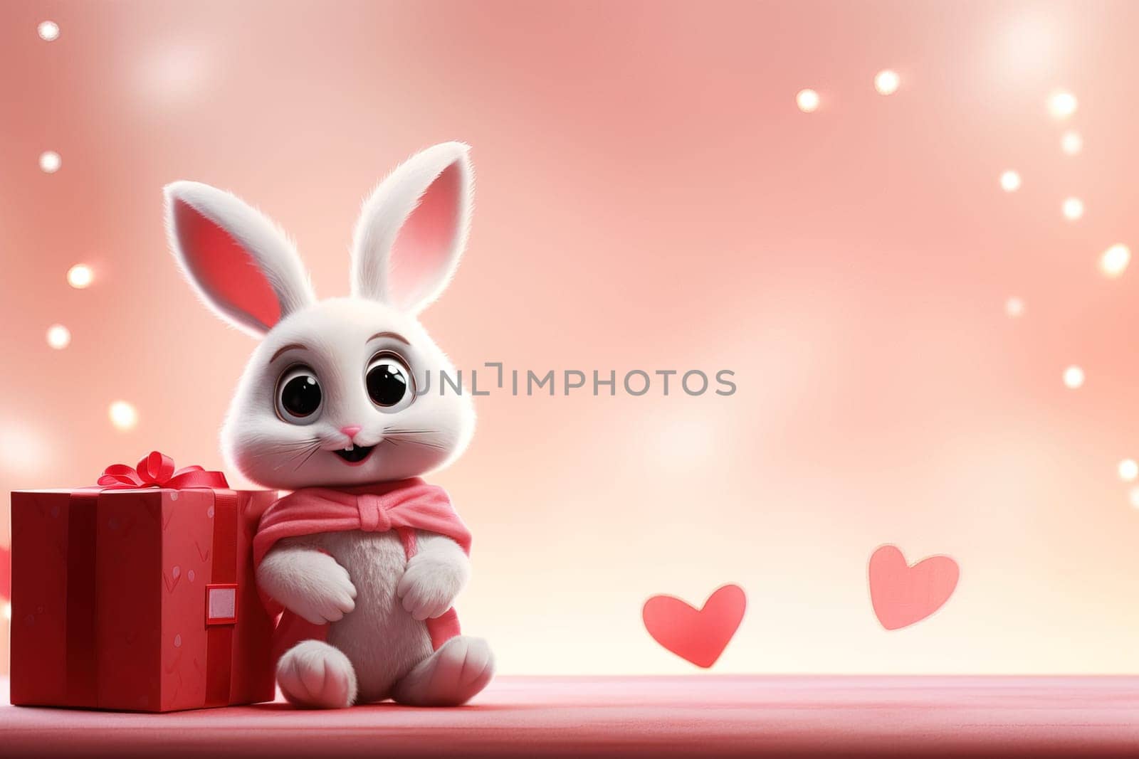 Valentine's Day blank space with cute rabbit gift boxes, roses, red heart, background generative ai