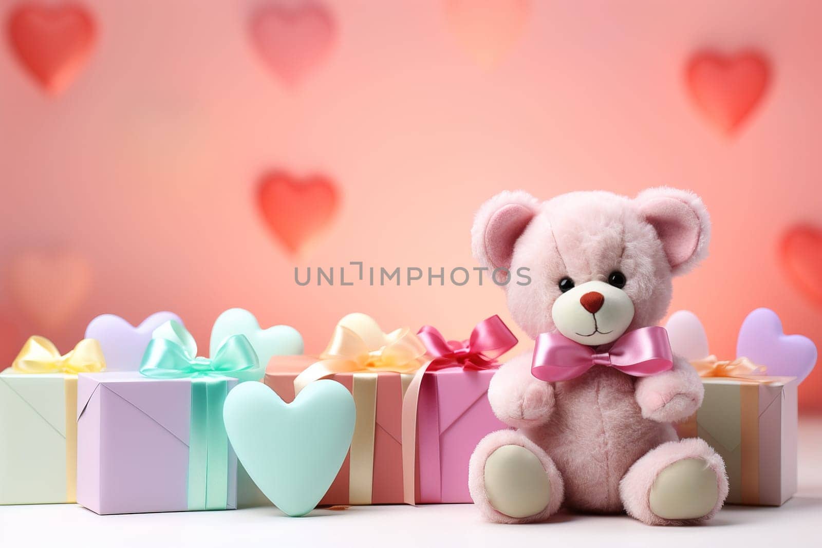 Valentine's Day blank space with cute bear gift boxes, roses, red heart, background generative ai. by Manastrong