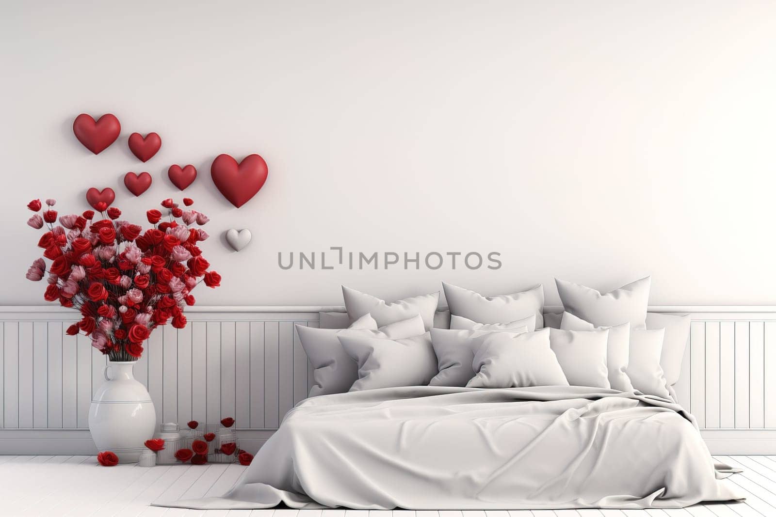 Valentine's Day blank space with gift boxes, roses, red heart, background generative ai. by Manastrong