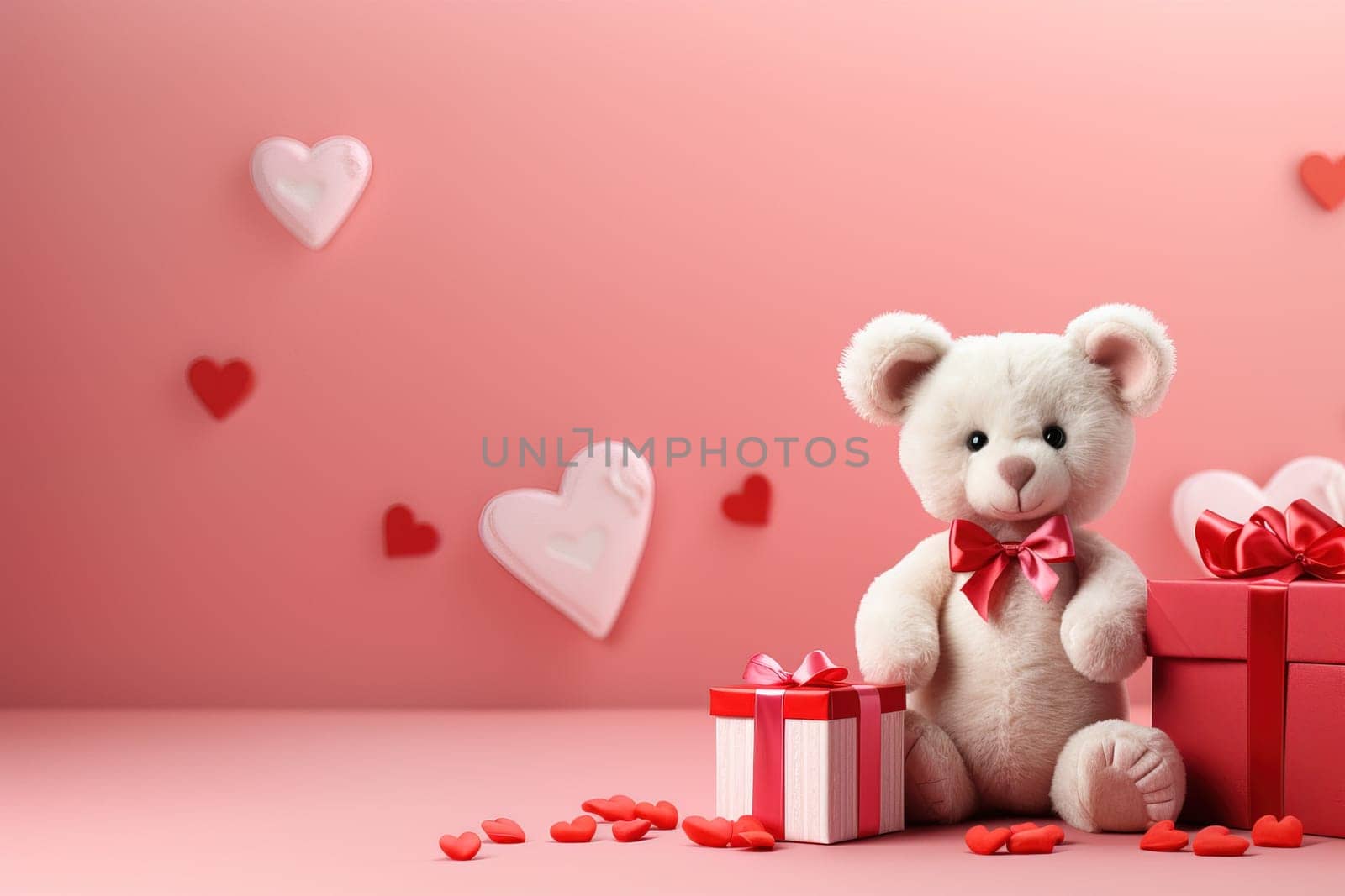 Valentine's Day blank space with cute bear gift boxes, roses, red heart, background generative ai. by Manastrong