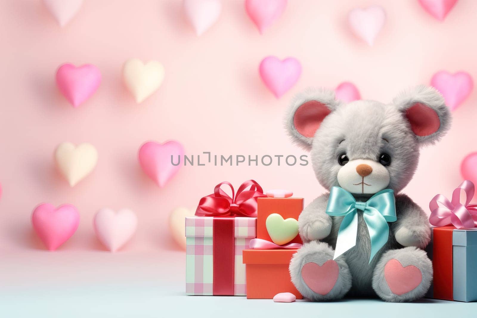 Valentine's Day blank space with cute bear gift boxes, roses, red heart, background generative ai. by Manastrong