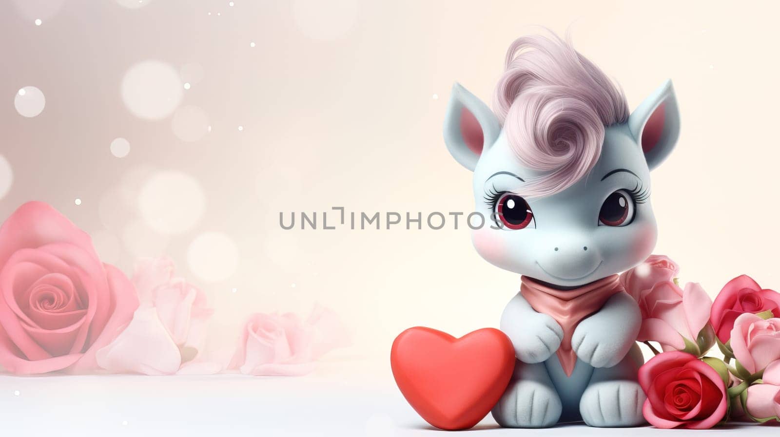 Valentine's Day blank space with cute unicorn gift boxes, roses, red heart, background generative ai