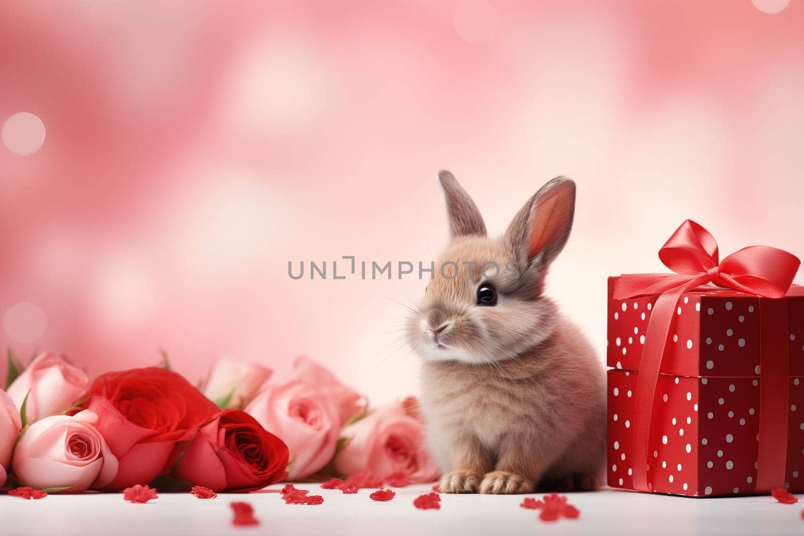 Valentine's Day blank space with cute rabbit gift boxes, roses, red heart, background generative ai