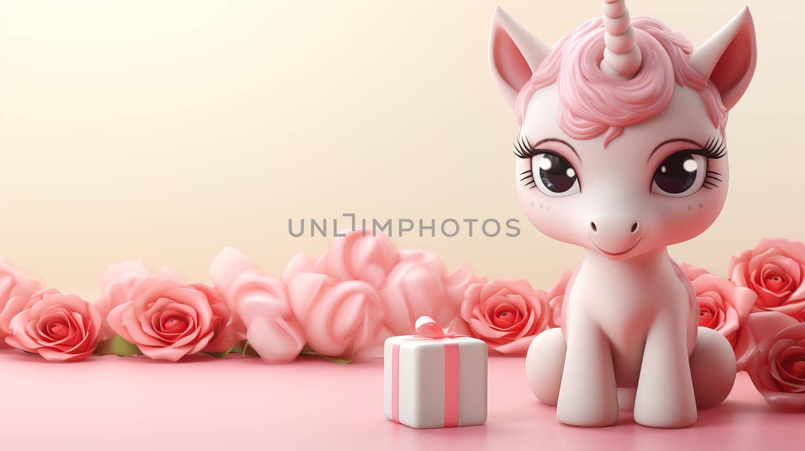 Valentine's Day blank space with cute unicorn gift boxes, roses, red heart, background generative ai