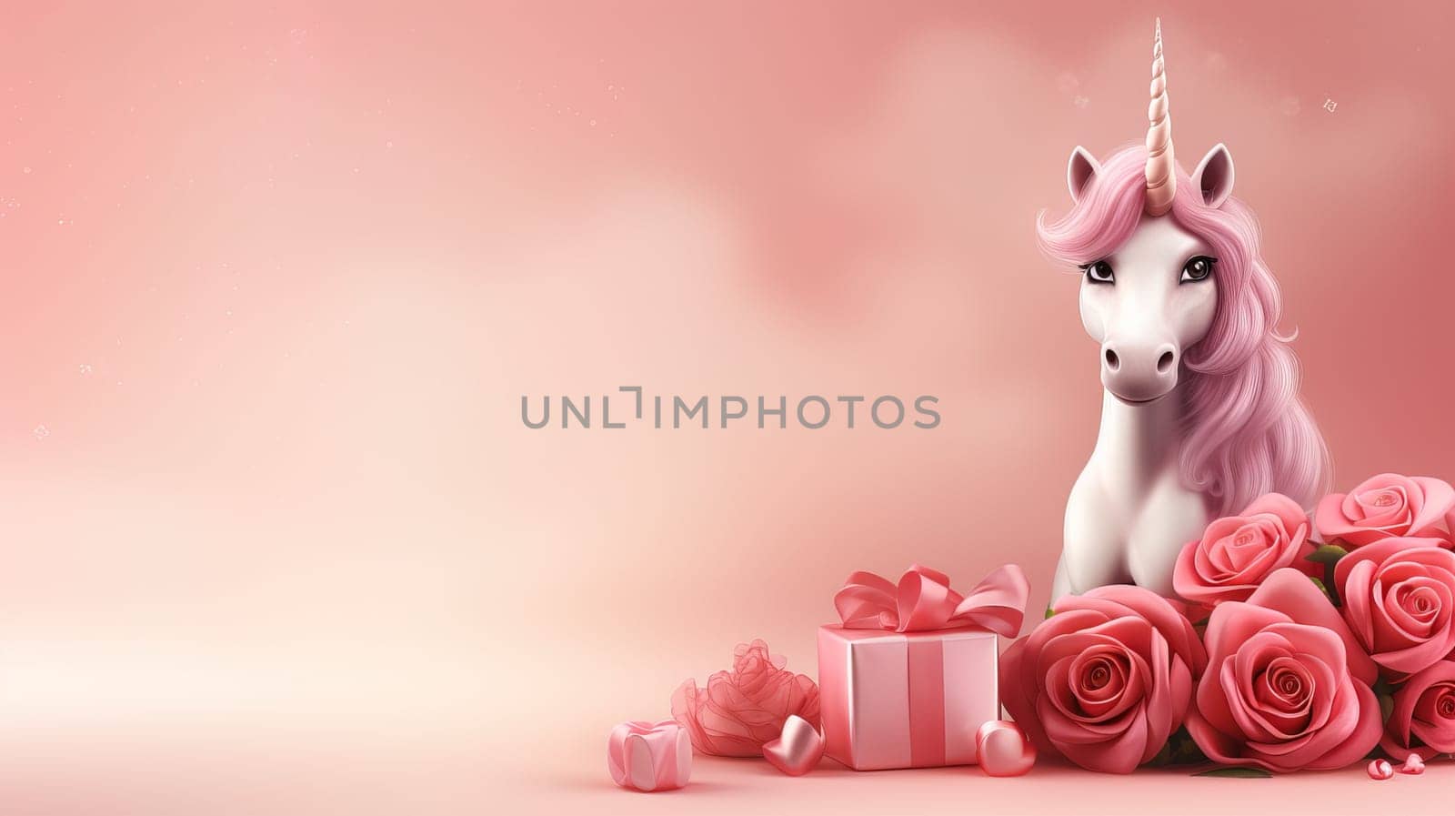 Valentine's Day blank space with cute unicorn gift boxes, roses, red heart, background generative ai